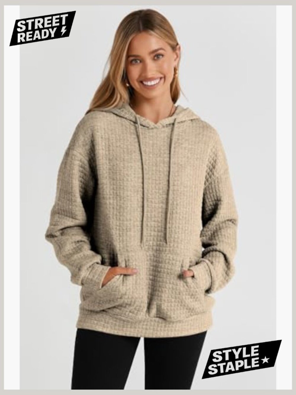 Womens Oversized Hoodie Drawstring Waffle Pullover Sweatshirt with Pocket - Picture 5 of 7